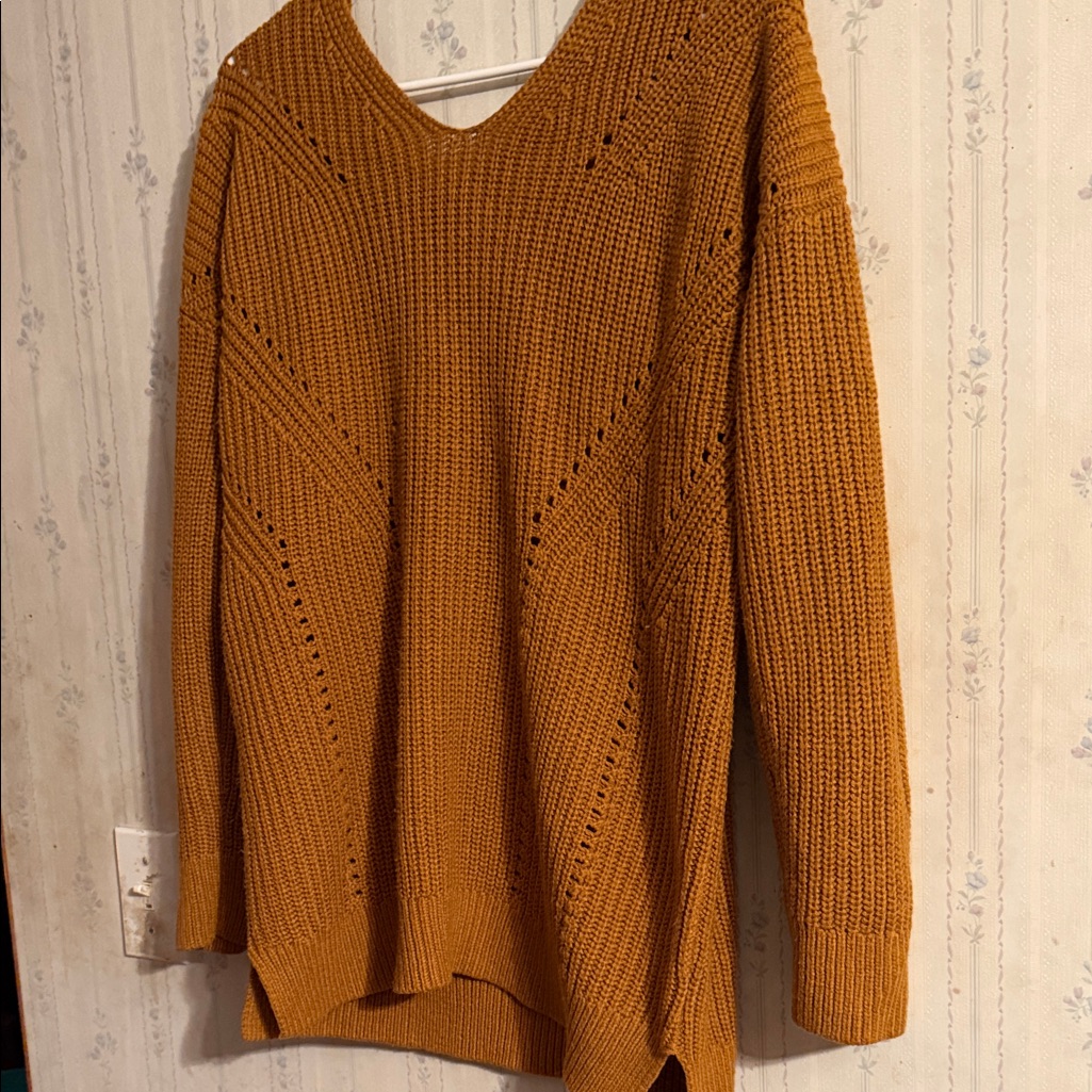 Pink Rose V-Neck Sweater In Warm Mustard